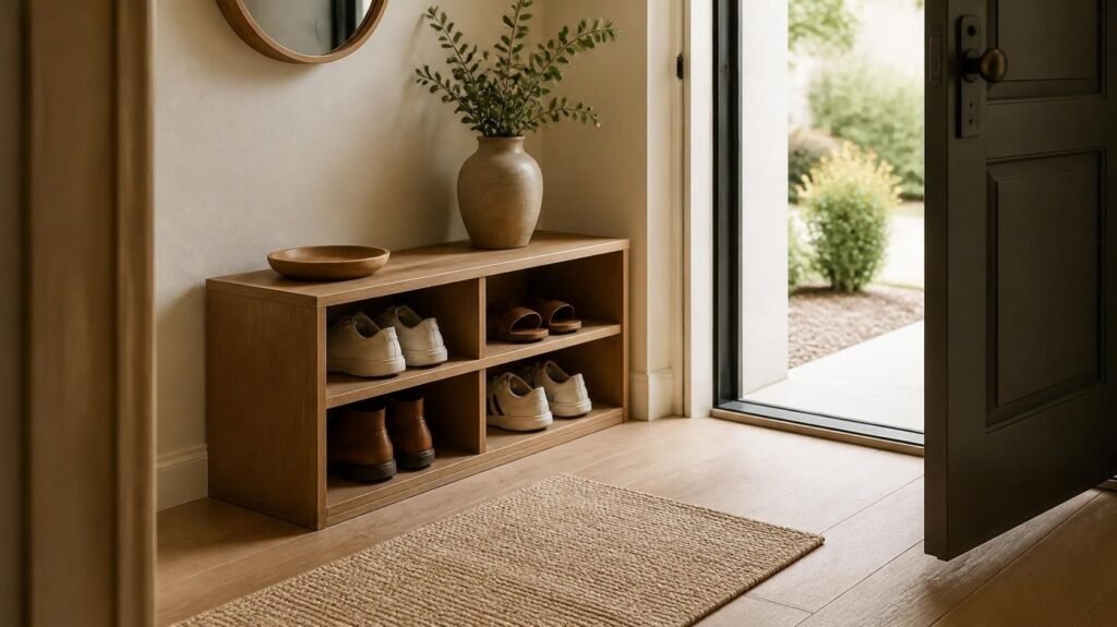 Small entryway with neatly arranged shoes beside a clear doorway.