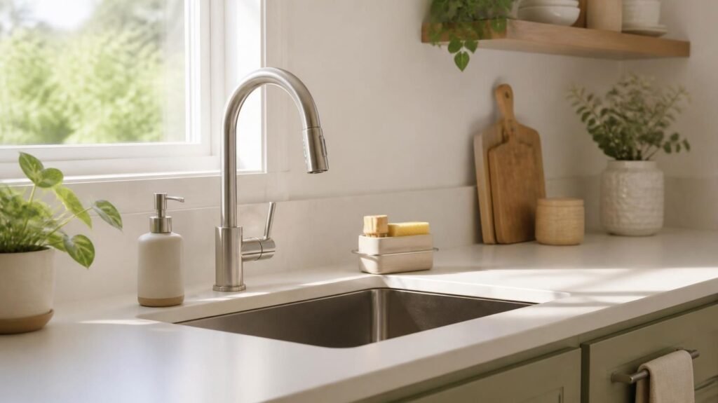 Kitchen sink organization ideas with a compact caddy and clear countertop