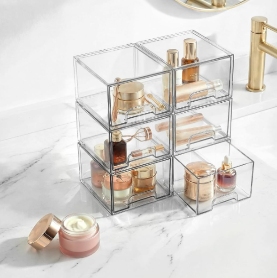 bathroom vanity organization ideas - small stackable storage drawers