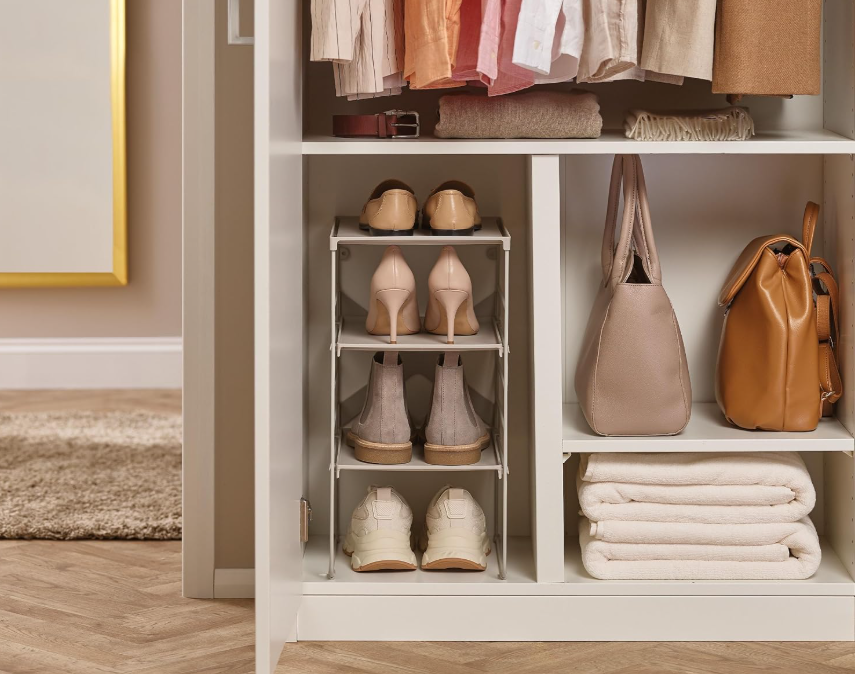 Small entryway shoe storage ideas using an open rack with shoes on the bottom shelf